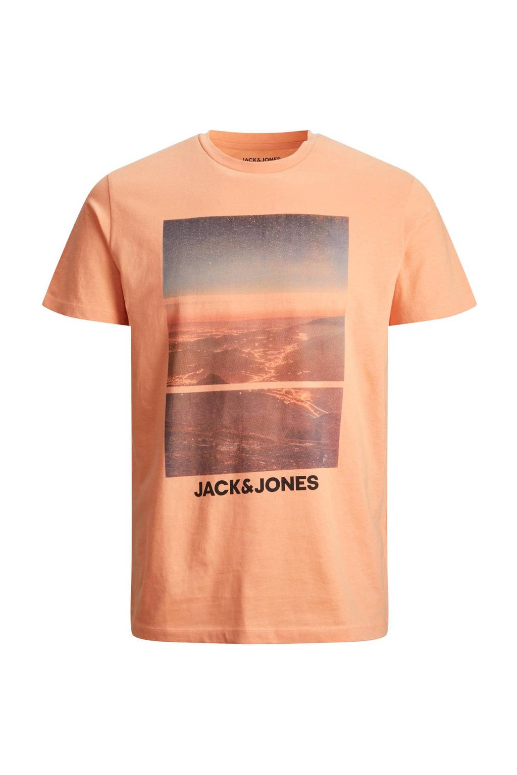 Oranje heren JACK & JONES PLUS SIZE T-shirt Plus Size van katoen met printopdruk, korte mouwen en ronde hals