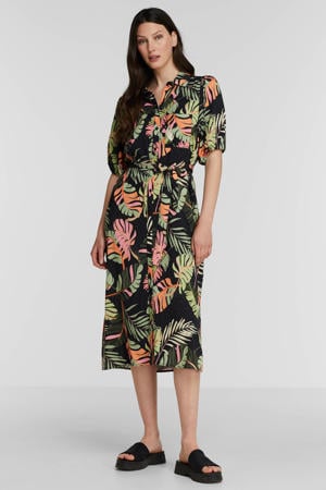 maxi jurk met bladprint en ceintuur zwart/roze/groen