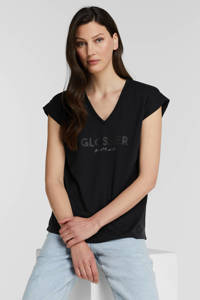 Zwarte dames Geisha T-shirt en glitters van modal met tekst print, korte mouwen en V-hals