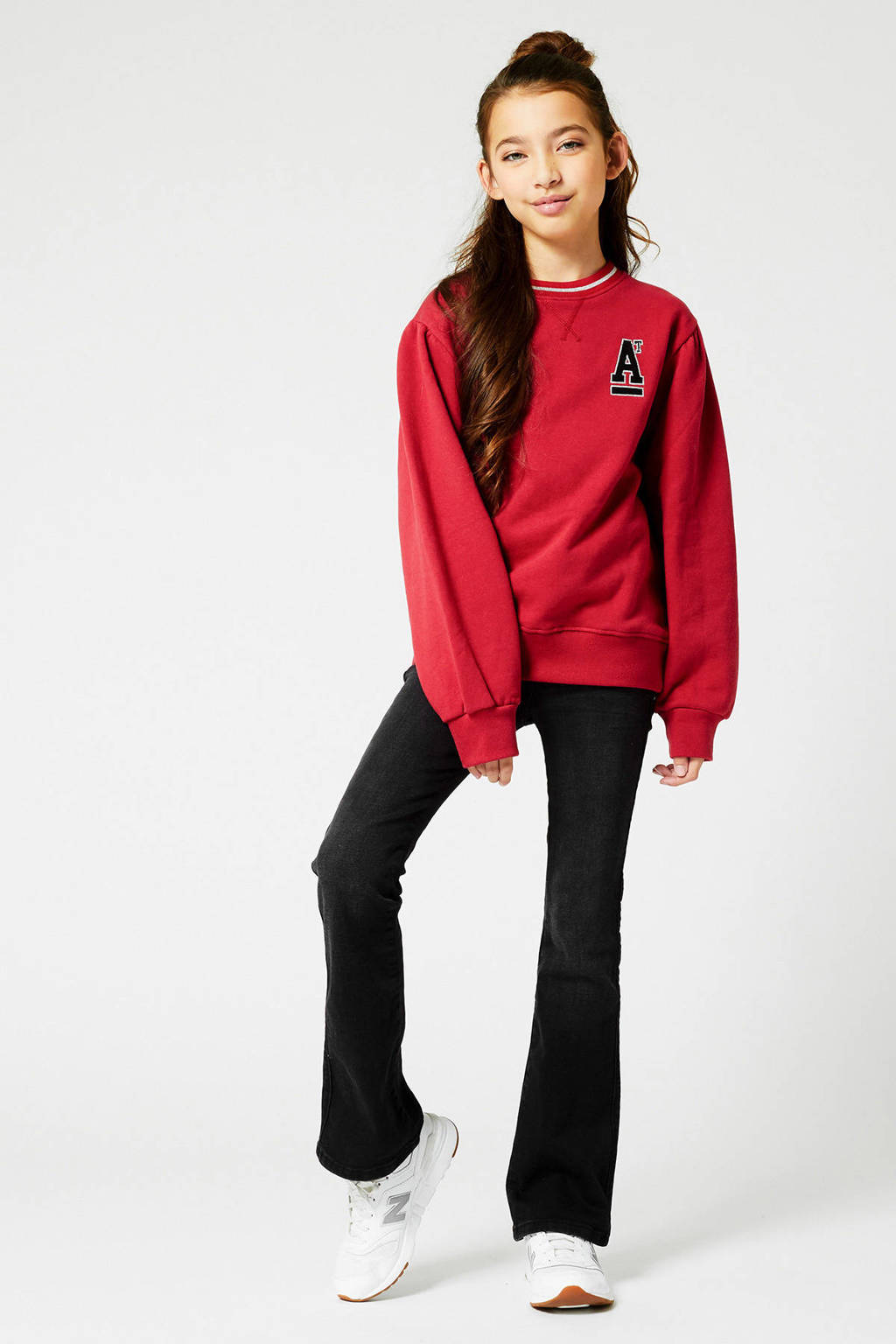 Rode meisjes America Today Junior sweater Selina JR met logo dessin, lange mouwen, ronde hals en elastische boord