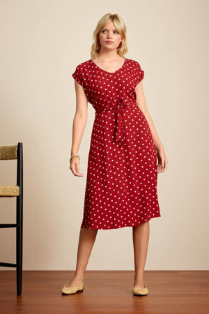 A-lijn jurk Vera  met stippen en ceintuur rood/wit