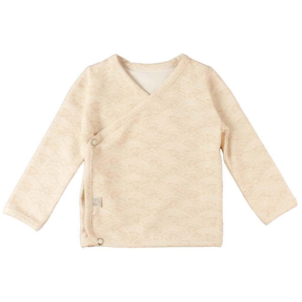 Camelkleurige jongens en meisjes Yumi Baby longsleeve Waves Hazelnut van stretchkatoen met lange mouwen, V-hals, drukknoopsluiting en overslag detail