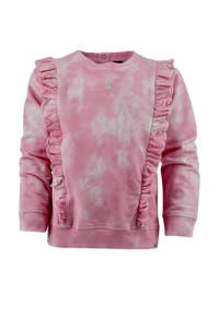 Roze meisjes Born by Kiddo United tie-dye sweater Liv met lange mouwen, ronde hals, drukknoopsluiting en ruches