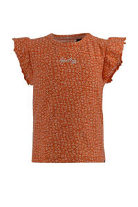 Oranje meisjes Born by Kiddo United T-shirt Connie en ruches met all over print, kapmouwtjes, ronde hals en drukknoopsluiting
