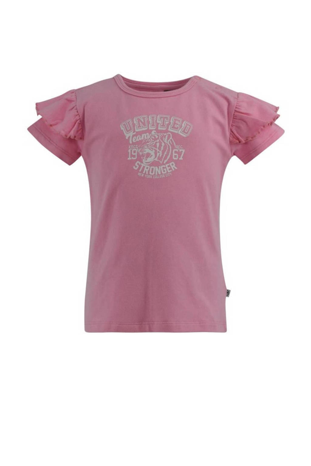 Roze meisjes Born by Kiddo United T-shirt Isma en ruches met printopdruk, korte mouwen, ronde hals en drukknoopsluiting