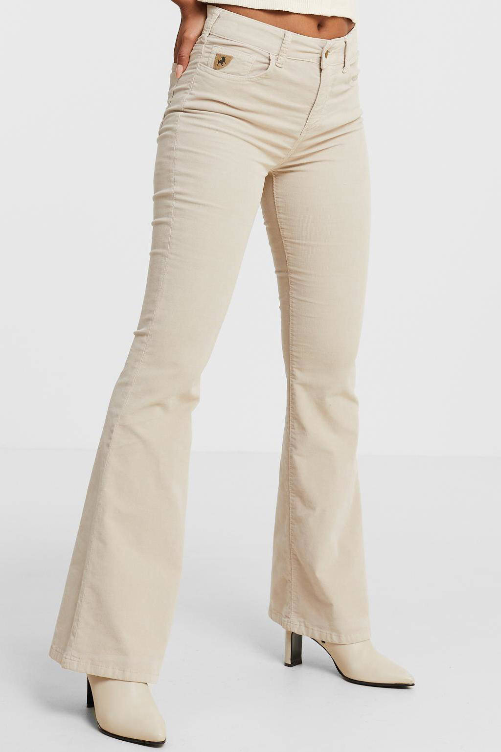 Beige dames Lois flared jeans Raval-16 van stretchdenim met regular waist en rits- en drukknoopsluiting