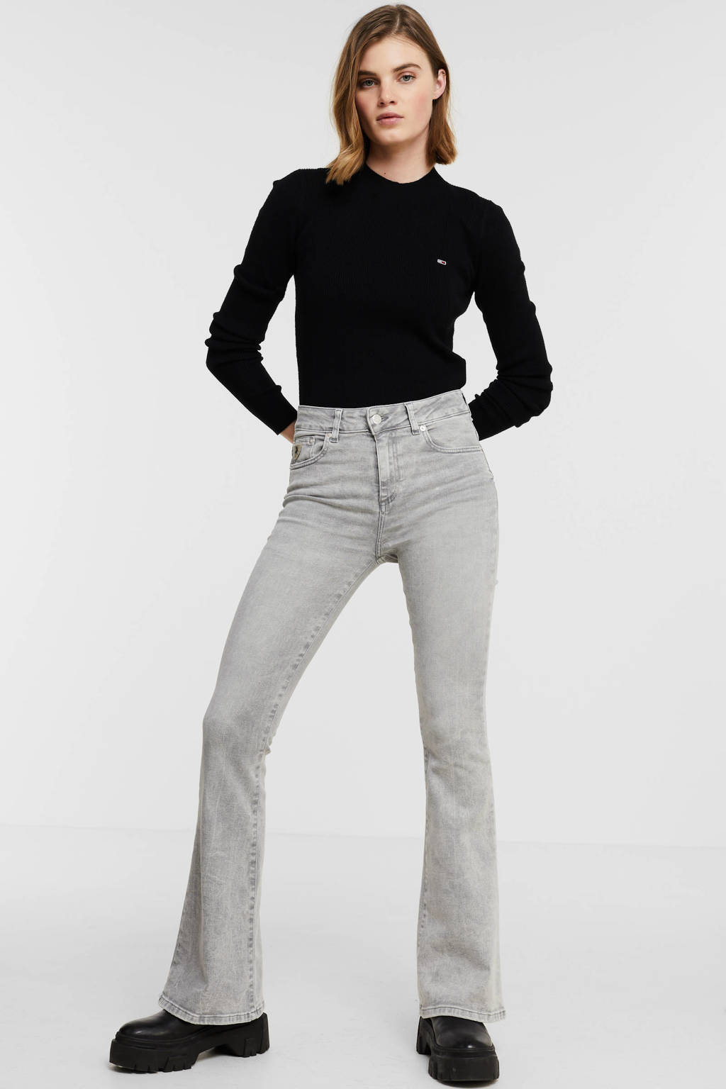 Grijze dames Lois flared jeans Raval veined van stretchdenim met regular waist en rits- en knoopsluiting