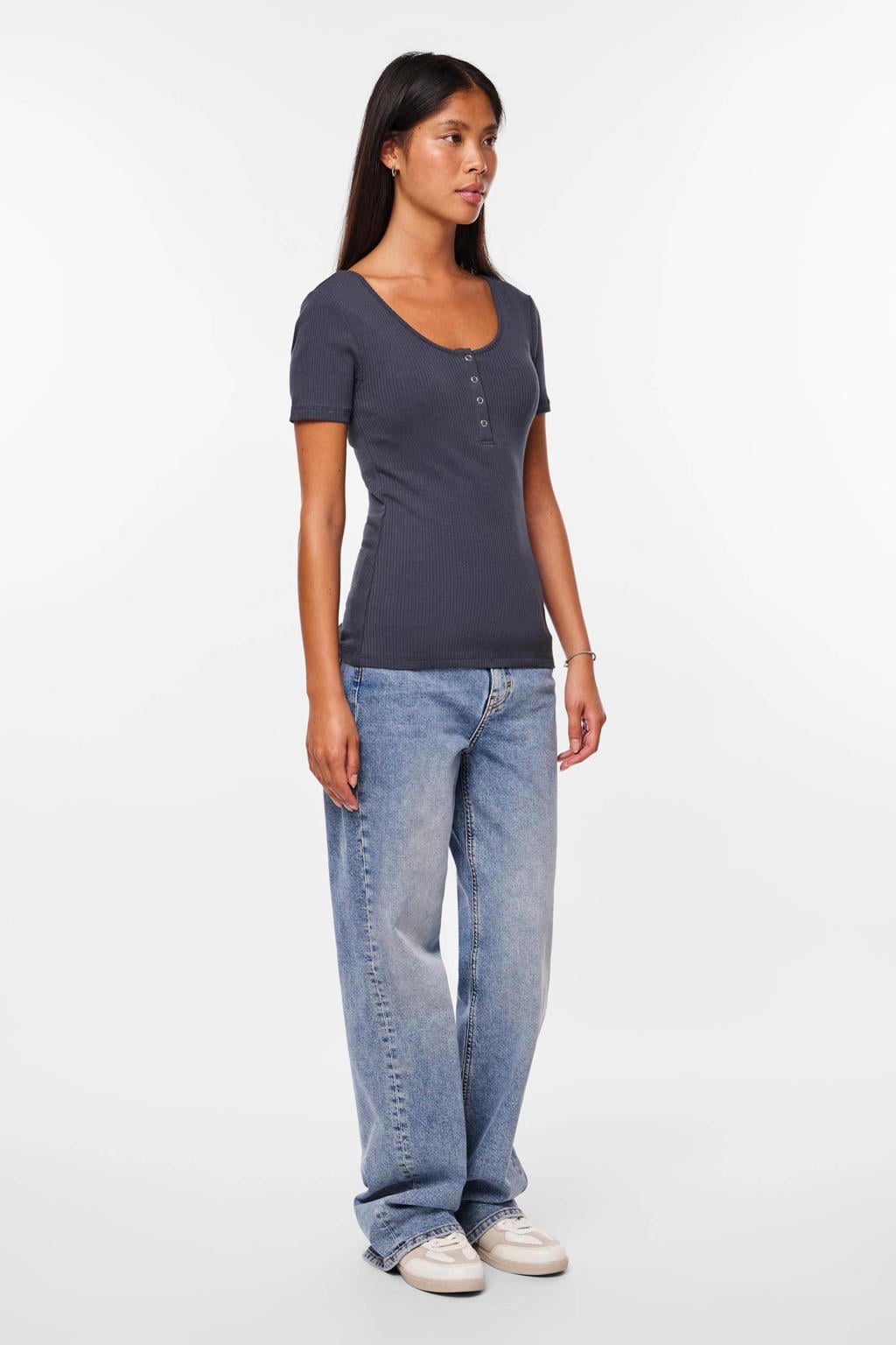 PIECES ribgebreide top donkerblauw