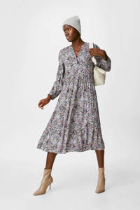 Multikleurige dames C&A trapeze jurk met volant van viscose met all over print, lange mouwen en V-hals