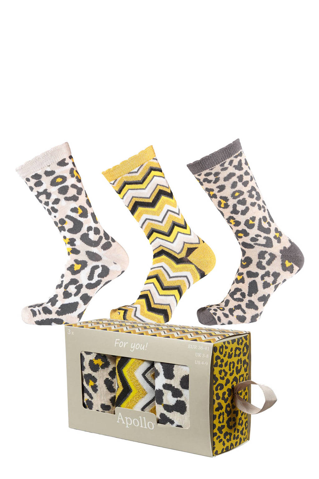 Apollo giftbox sokken met all-over-print geel, Geel/ecru/grijs