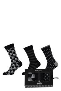 Apollo giftbox sokken met all-over-print zwart, Zwart/grijs