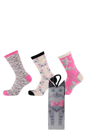 giftbox sokken met all-over-print grijs/roze