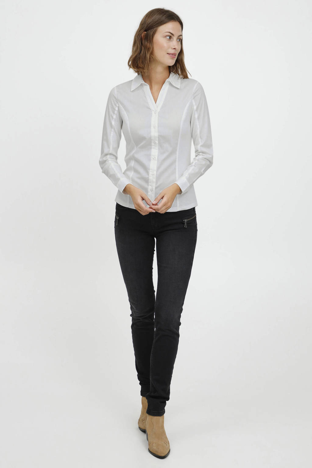 Witte dames Fransa blouse van katoen met lange mouwen, V-hals en knoopsluiting