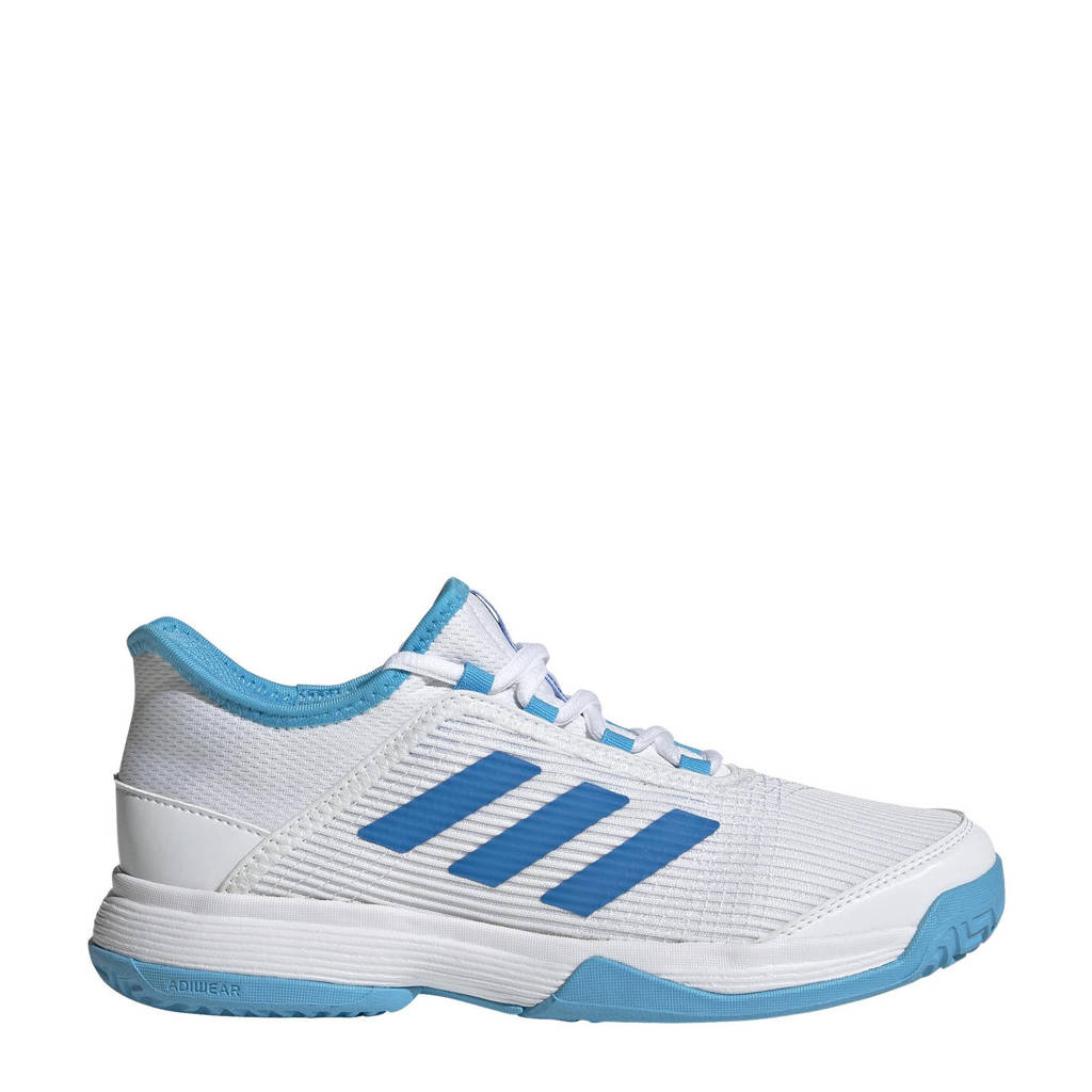 Wit, kobaltblauw en lichtblauwe jongens en meisjes adidas Performance Adizero Club tennisschoenen kids van mesh met veters