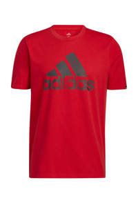 Rood en zwarte heren adidas Performance Senior sport T-shirt van katoen met logo dessin, korte mouwen en ronde hals