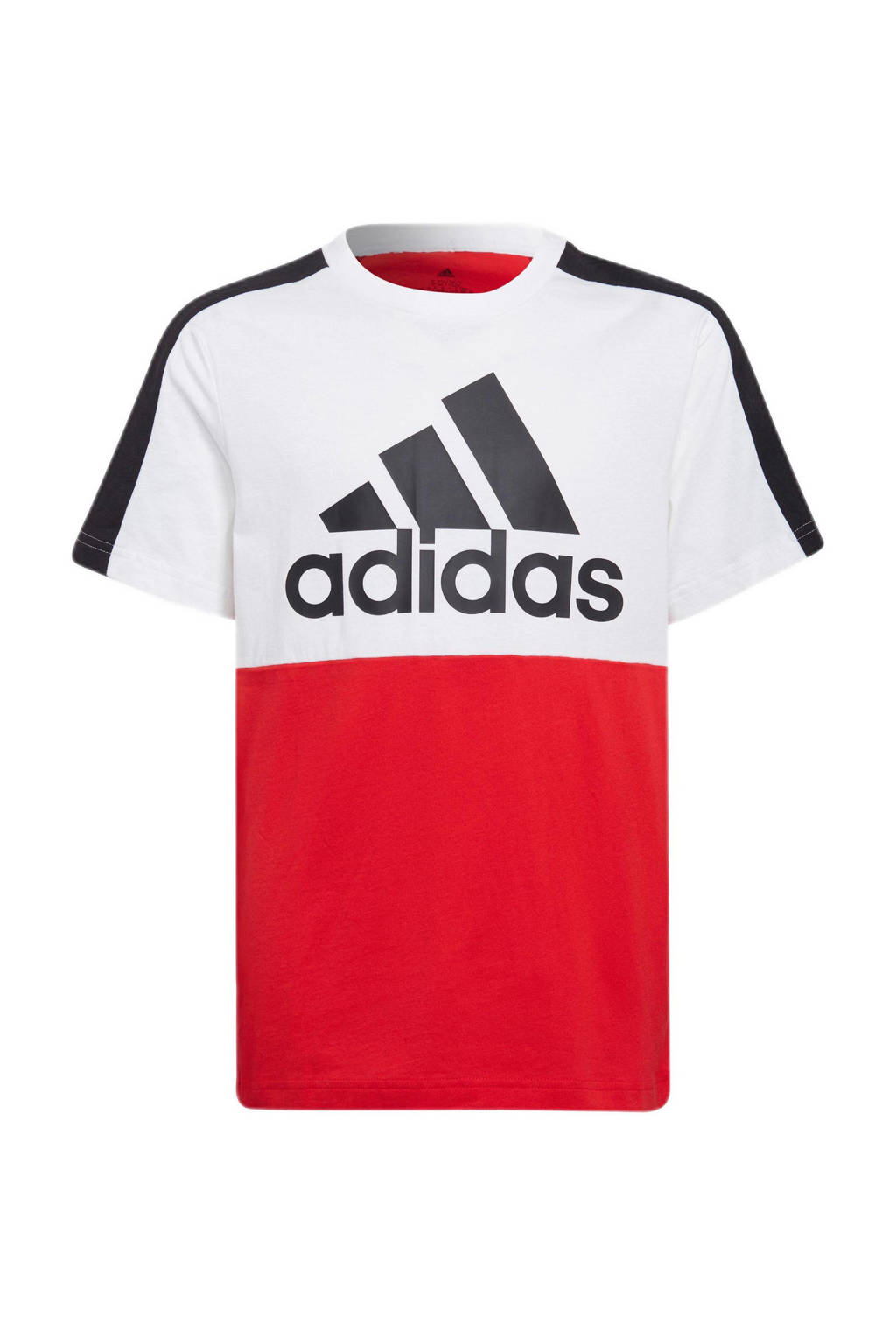 Rood, wit en zwarte jongens adidas Performance sport T-shirt van katoen met logo dessin, korte mouwen en ronde hals