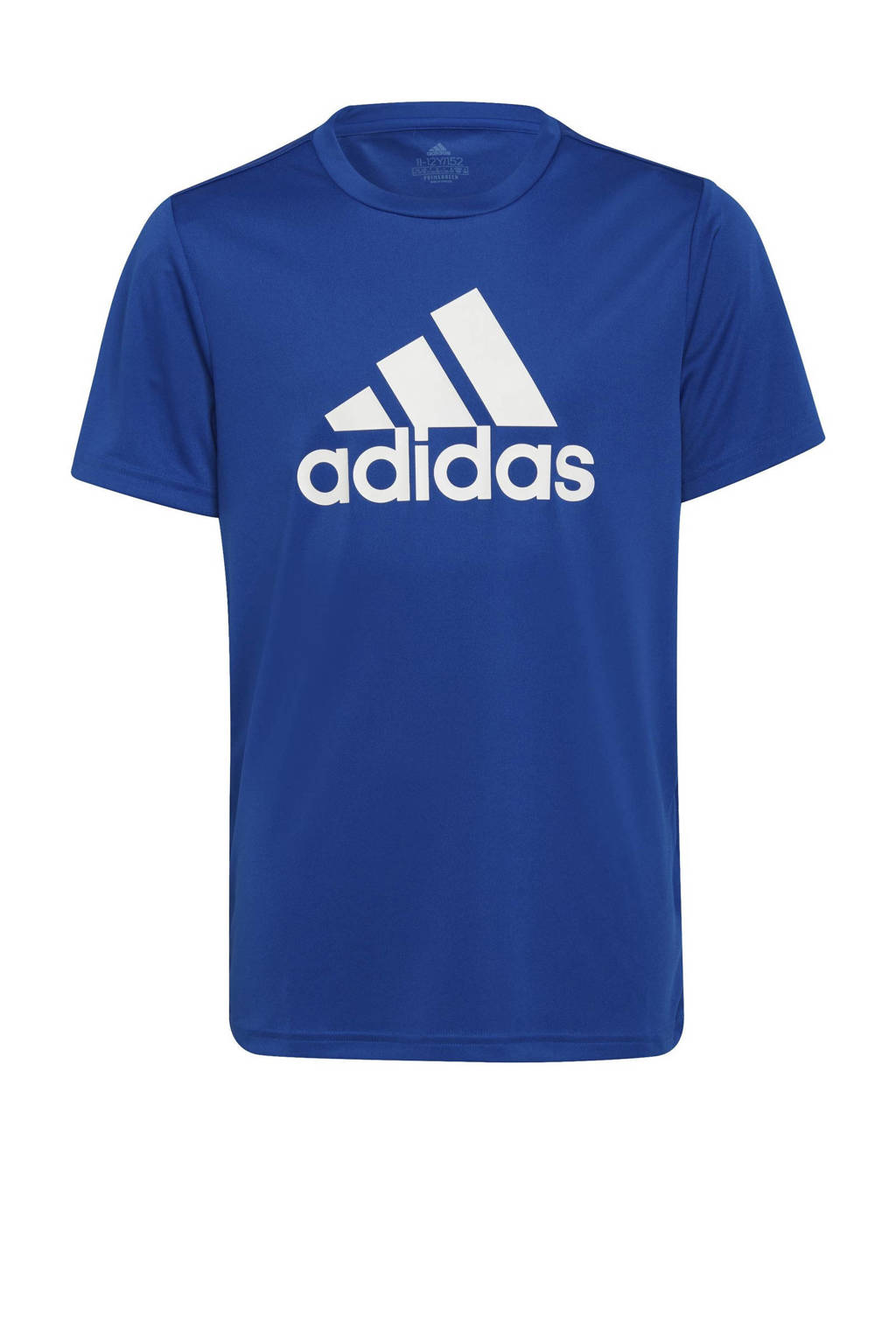 Blauw, kobaltblauw en witte jongens adidas Performance sport T-shirt van gerecycled polyester met logo dessin, korte mouwen en ronde hals