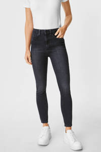 Donkerblauwe dames C&A high waist skinny jeans van stretchdenim met rits- en knoopsluiting