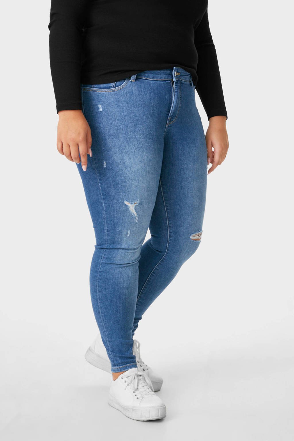 Blauwe dames C&A XL Clockhouse high waist skinny jeans van duurzaam stretchdenim met vintage look, rits- en knoopsluiting en riemlussen