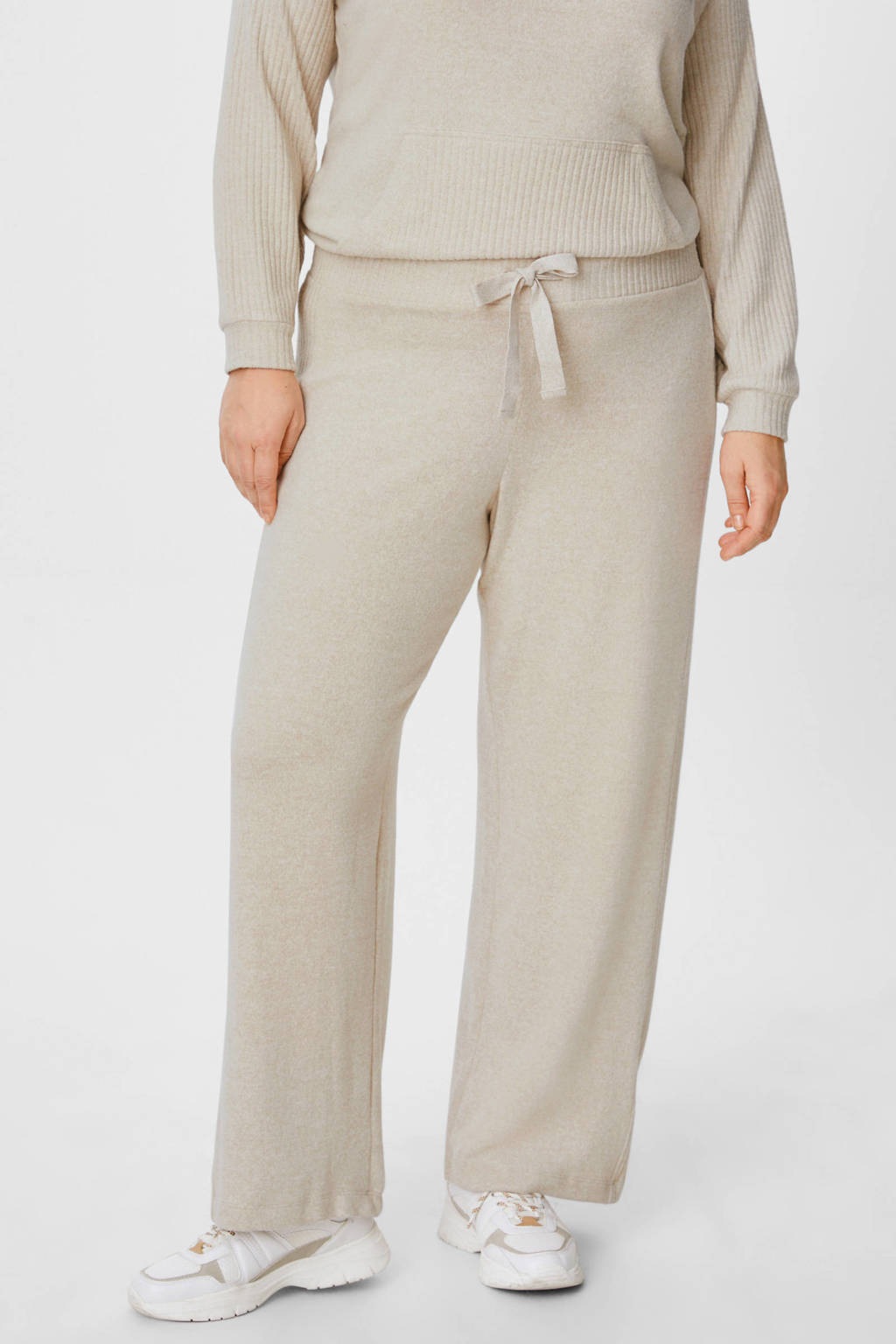 Ecru dames C&A XL wide leg sweatpants van polyester met elastische tailleband met koord en gebreide details