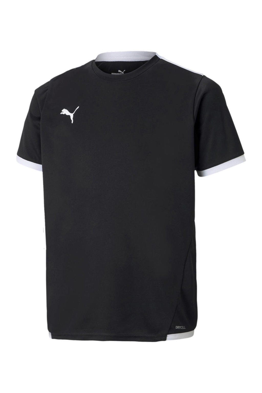 Zwart en witte jongens en meisjes Puma junior voetbalshirt van polyester met effen, korte mouwen en ronde hals