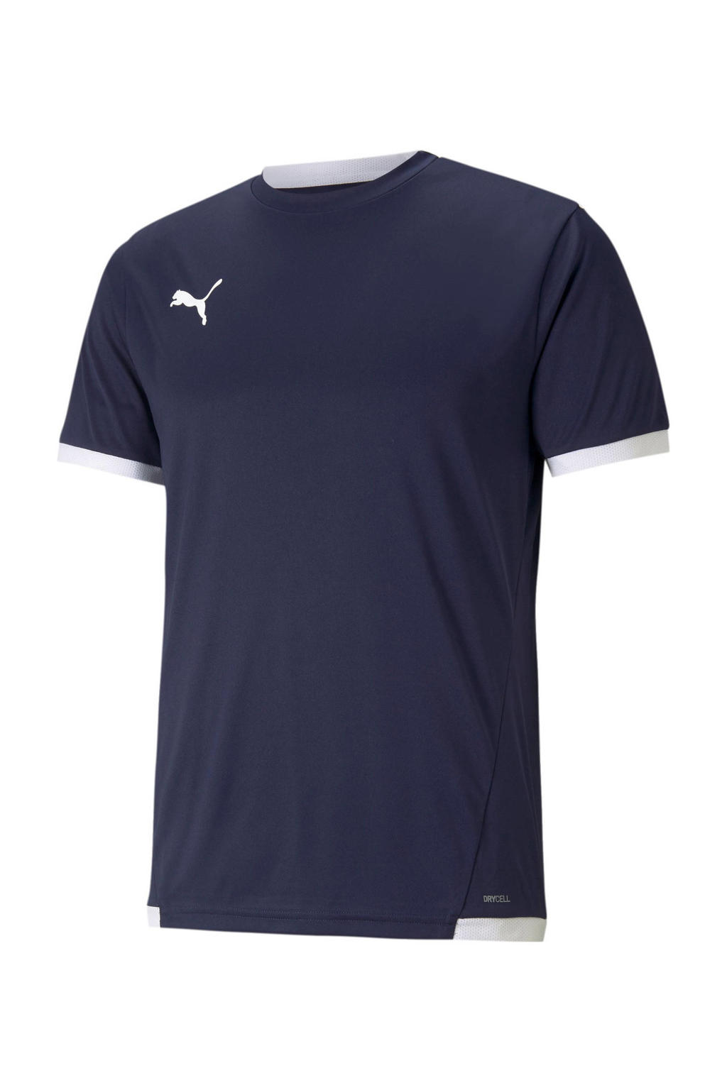 Donkerblauw en witte heren Puma Senior voetbalshirt van polyester met effen, korte mouwen en ronde hals