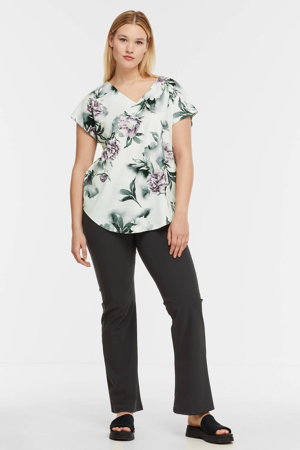 Zwarte dames Plus Basics flared broek van travelstof met regular waist en elastische tailleband