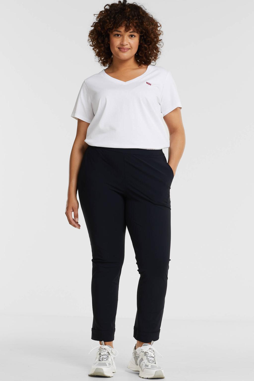 Donkerblauwe dames Plus Basics slim fit broek van travelstof met regular waist en elastische tailleband