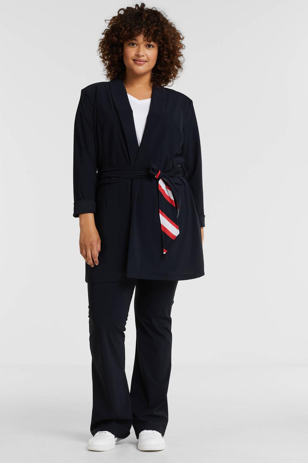 Donkerblauwe dames Plus Basics flared broek van travelstof met regular waist en elastische tailleband