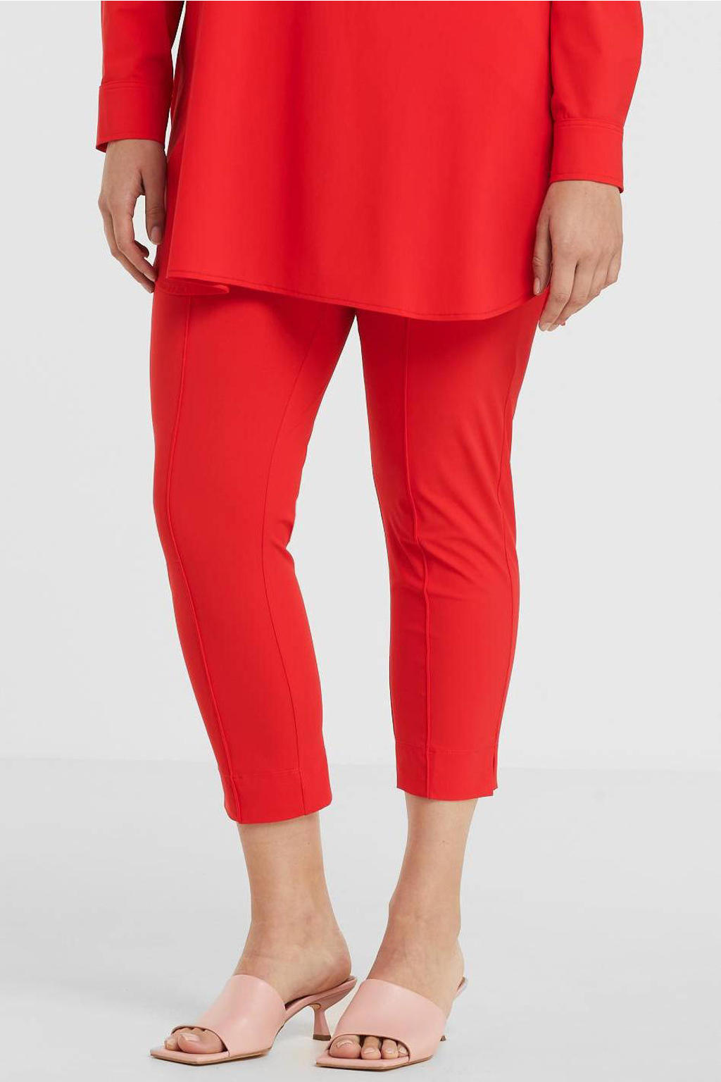 Rode dames Plus Basics cropped slim fit broek van travelstof met regular waist en elastische tailleband