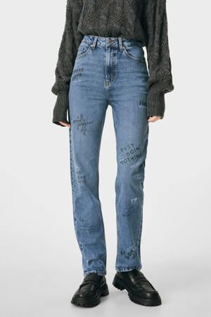 high waist straight fit jeans met tekst blauw