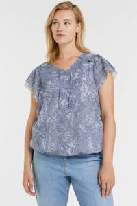Blauwe dames Zhenzi top van polyester met all over print, korte mouwen, V-hals en elastische boord