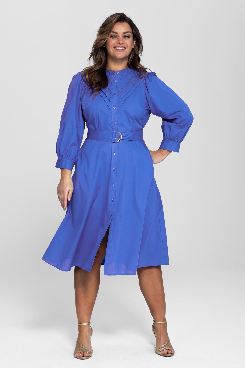 Blauwe dames Miljuschka by Wehkamp poplin blouse jurk van katoen met driekwart mouwen en opstaande kraag