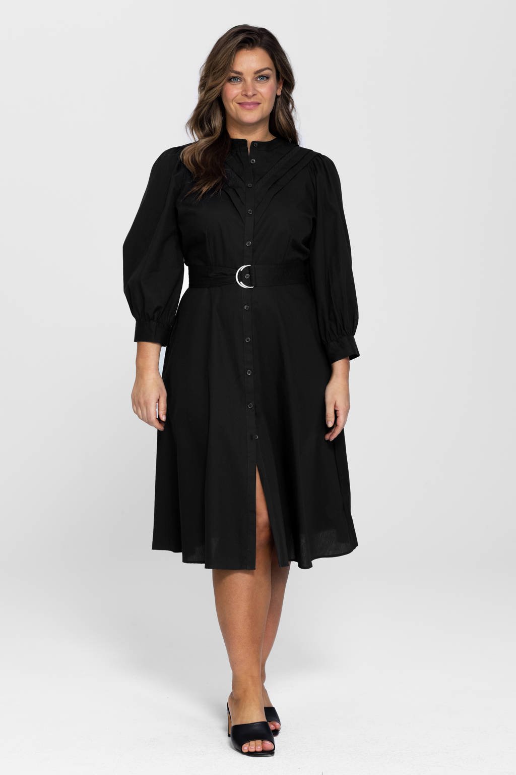 Zwarte dames Miljuschka by Wehkamp poplin blouse jurk van katoen met driekwart mouwen en opstaande kraag