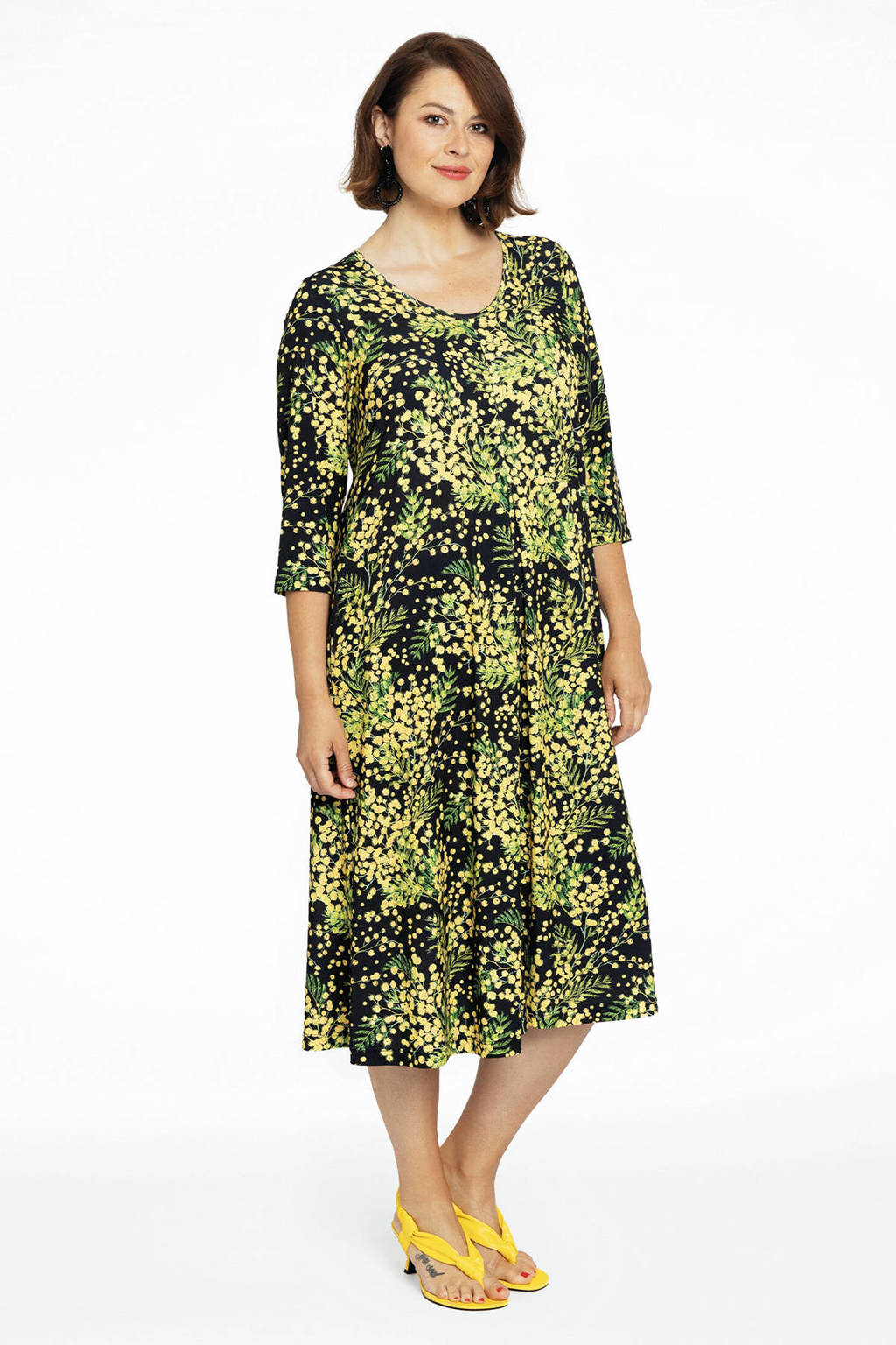 Yoek jurk MIMOSA met all over print zwart/groen/geel