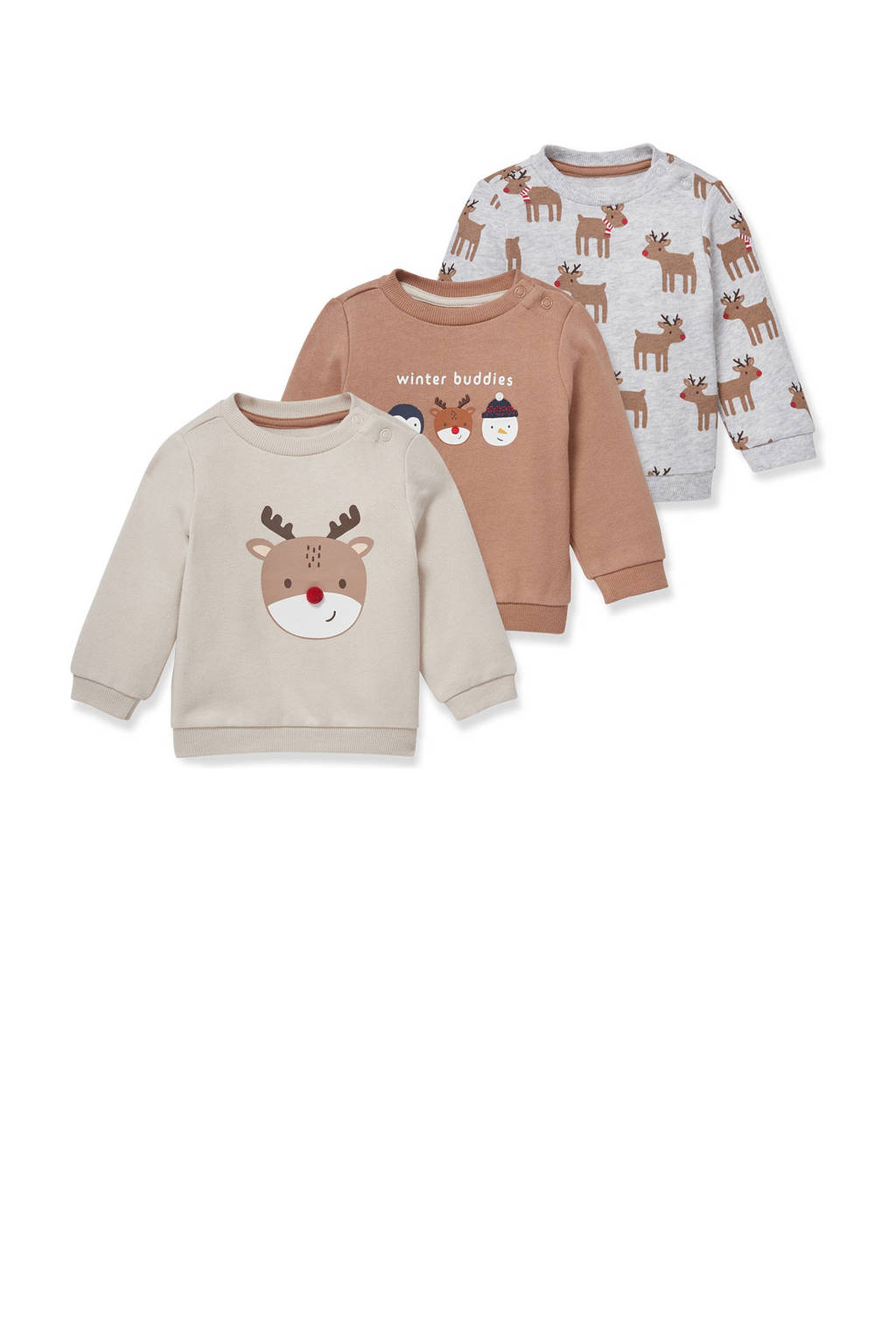 Set van 3 beige, bruin en off white jongens en meisjes C&A Baby Newborn sweater met printopdruk, lange mouwen en ronde hals