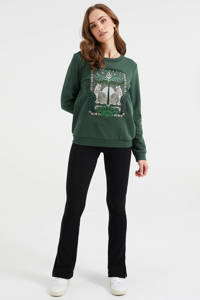 Groene dames WE Fashion sweater van duurzaam katoen met printopdruk, lange mouwen, ronde hals en elastische boord