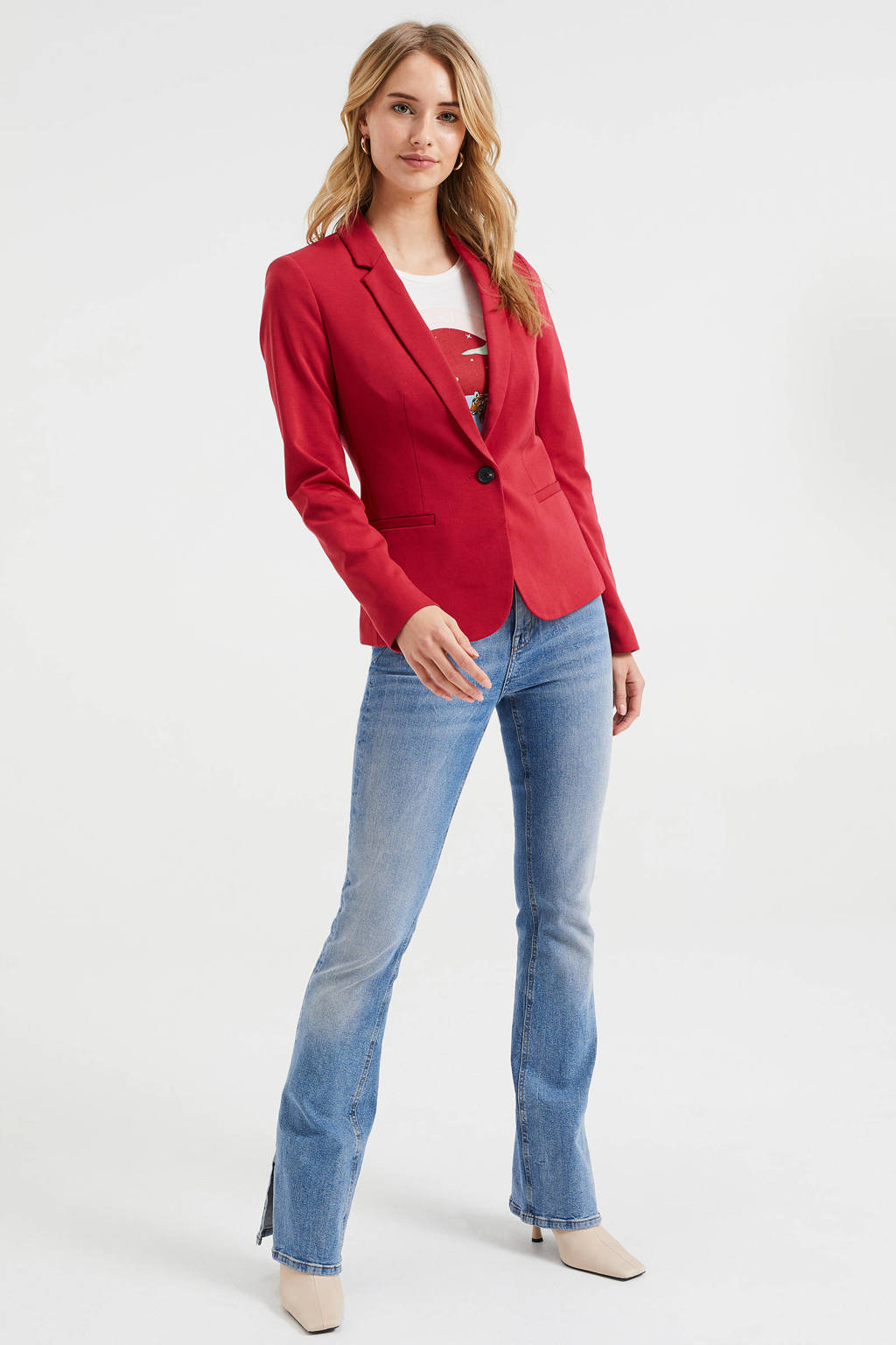 Rode dames WE Fashion jersey blazer van viscose met lange mouwen, reverskraag, knoopsluiting en plooien
