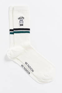 WE Fashion Salty Dog sokken met borduursel en strepen ecru, Ecru/donkergroen/donkerblauw