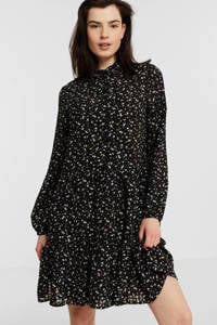 Zwart en ecru dames MSCH Copenhagen gebloemde jurk Oceanna van polyester met lange mouwen, klassieke kraag en knoopsluiting