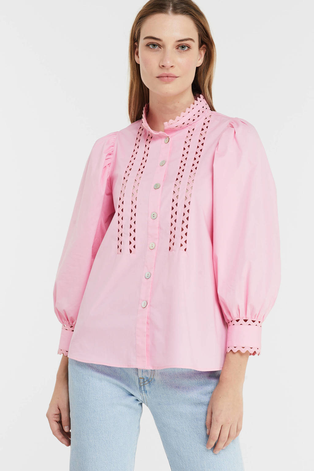 Roze dames Esqualo blouse van katoen met driekwart mouwen, opstaande kraag, knoopsluiting en ballonmouwen