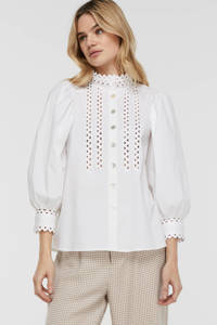 Witte dames Esqualo blouse van katoen met driekwart mouwen, opstaande kraag, knoopsluiting en ballonmouwen