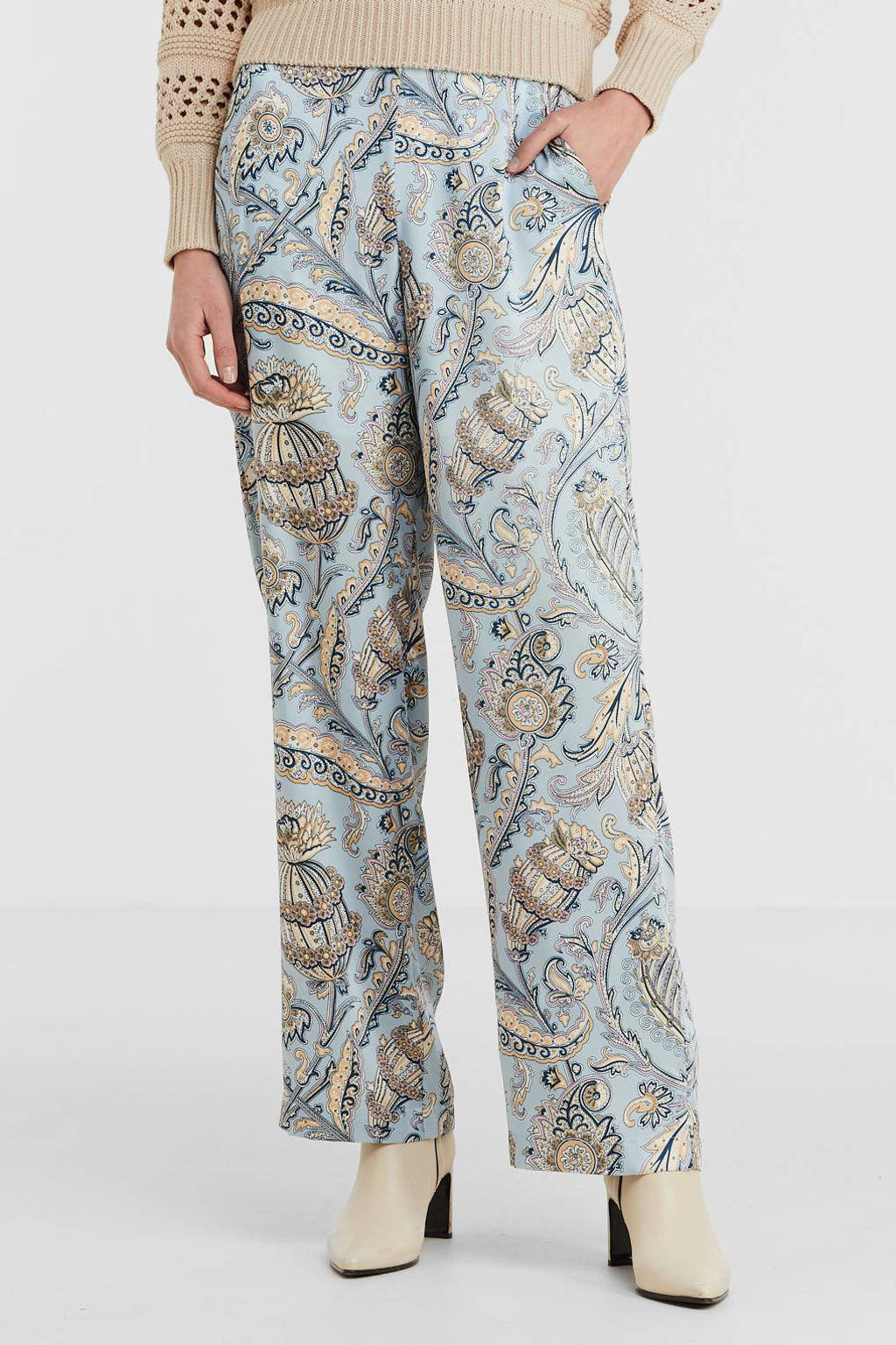 Lichtblauwe dames Esqualo straight fit palazzo broek van polyester met regular waist, rits, haak- en knoopsluiting en paisley print
