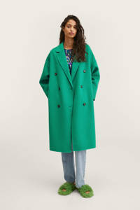Groene dames Mango coat van wol met lange mouwen, reverskraag, knoopsluiting en wijde mouwen
