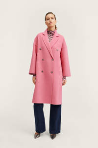 Roze dames Mango coat van wol met lange mouwen, sjaalkraag en knoopsluiting