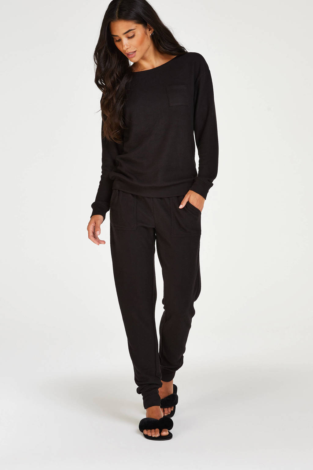 Hunkemöller pyjama met wafelstructuur zwart, Zwart
