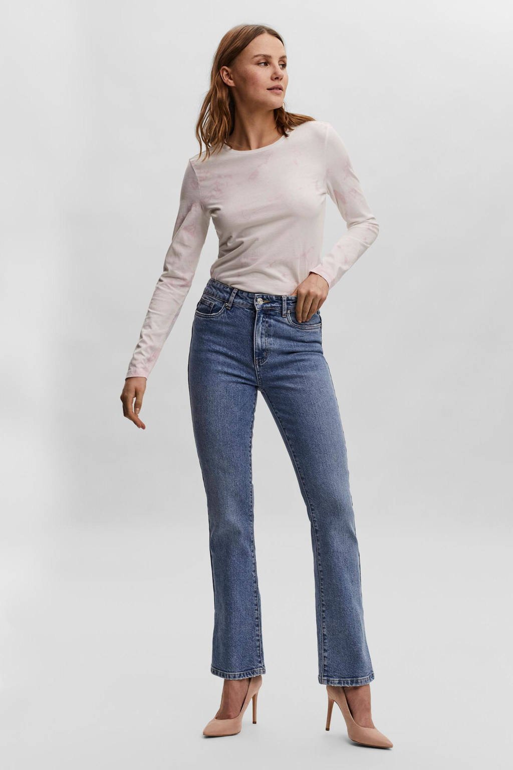 Lichtblauwe dames VERO MODA high waist flared jeans van duurzaam katoen met rits- en knoopsluiting