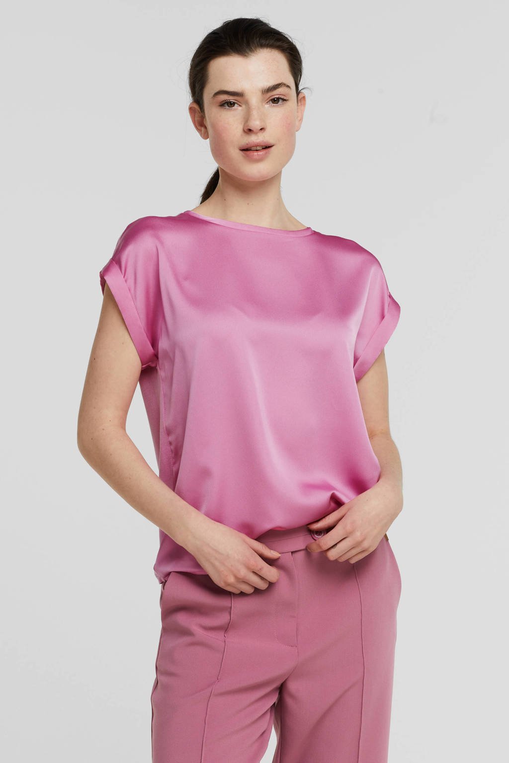 Roze dames VILA top van gerecycled polyester met korte mouwen en ronde hals