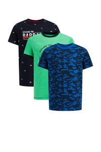 Set van 3 donkerblauw, groen en zwarte jongens WE Fashion T-shirt van katoen met printopdruk, korte mouwen en ronde hals