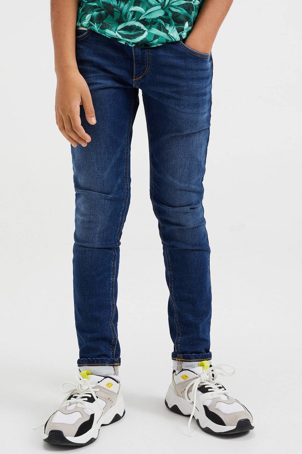 Donkerblauwe jongens WE Fashion Blue Ridge slim fit jeans blue van stretchdenim met regular waist